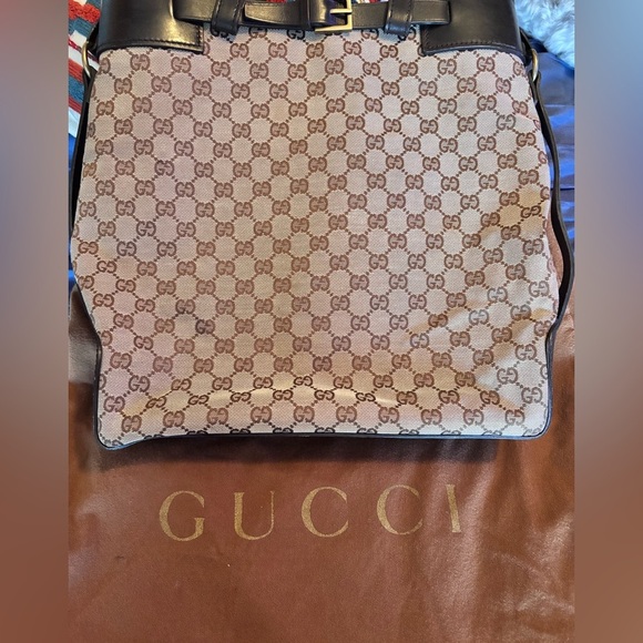 EUC Gucci Vintage Beige and Dark Brown Canvas and Leather Signature Tote Bag - Picture 2 of 12